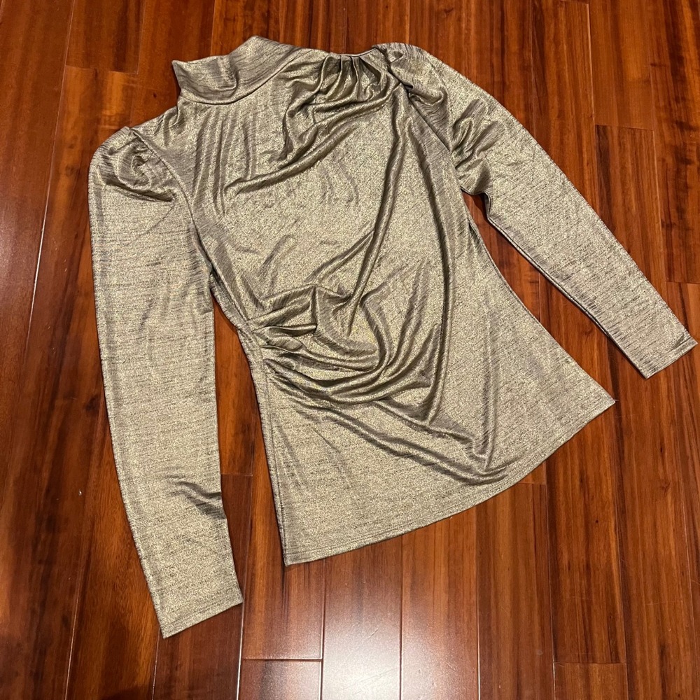 ModCloth Metallic Gold Top Mockneck Ruched Long‎ Sleeve Shiny Dressy Size Small